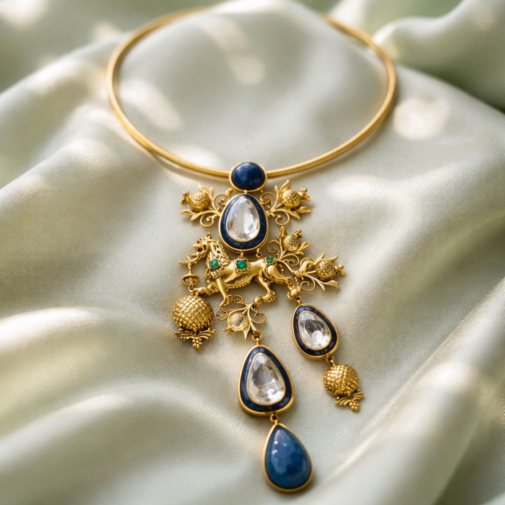 Designer gold hasli necklace with lion motif, kundan crystal detailing, and lapis stone pendant in ethnic statement style