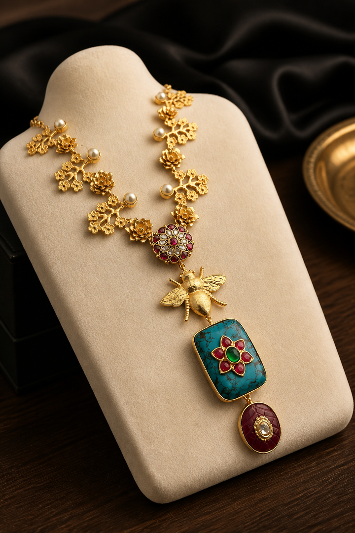 Designer bug motif necklace with turquoise pendant and intricate gold detailing in artistic ethnic jewellery style