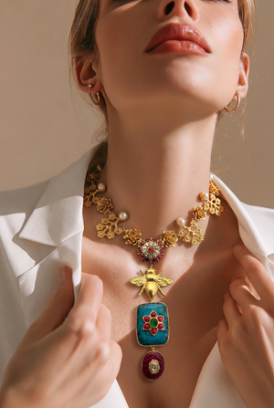 Designer bug motif necklace with turquoise pendant and intricate gold detailing in artistic ethnic jewellery style