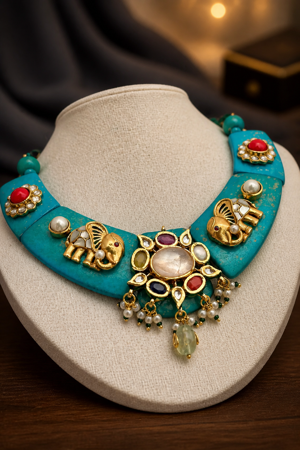 Designer resin necklace with jadau pieces, elephant motifs, kundan detailing, and colourful ethnic stone accents