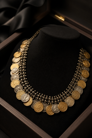 Vintage two tone layered coin necklace with antique metallic detailing and statement ethnic design