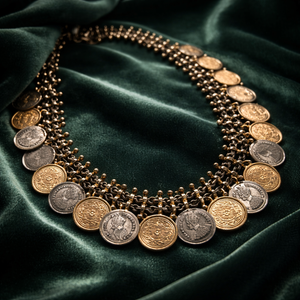 Vintage two tone layered coin necklace with antique metallic detailing and statement ethnic design