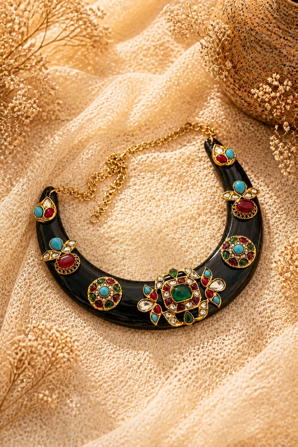 Designer acrylic necklace with colourful jadau pieces and traditional ethnic detailing in statement jewellery style