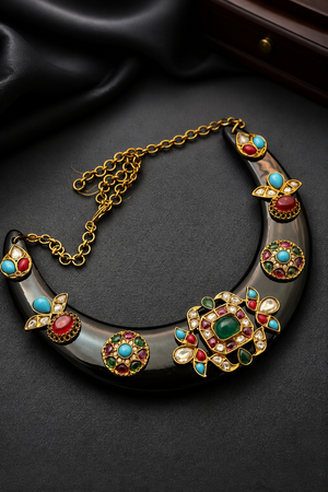 Designer acrylic necklace with colourful jadau pieces and traditional ethnic detailing in statement jewellery style