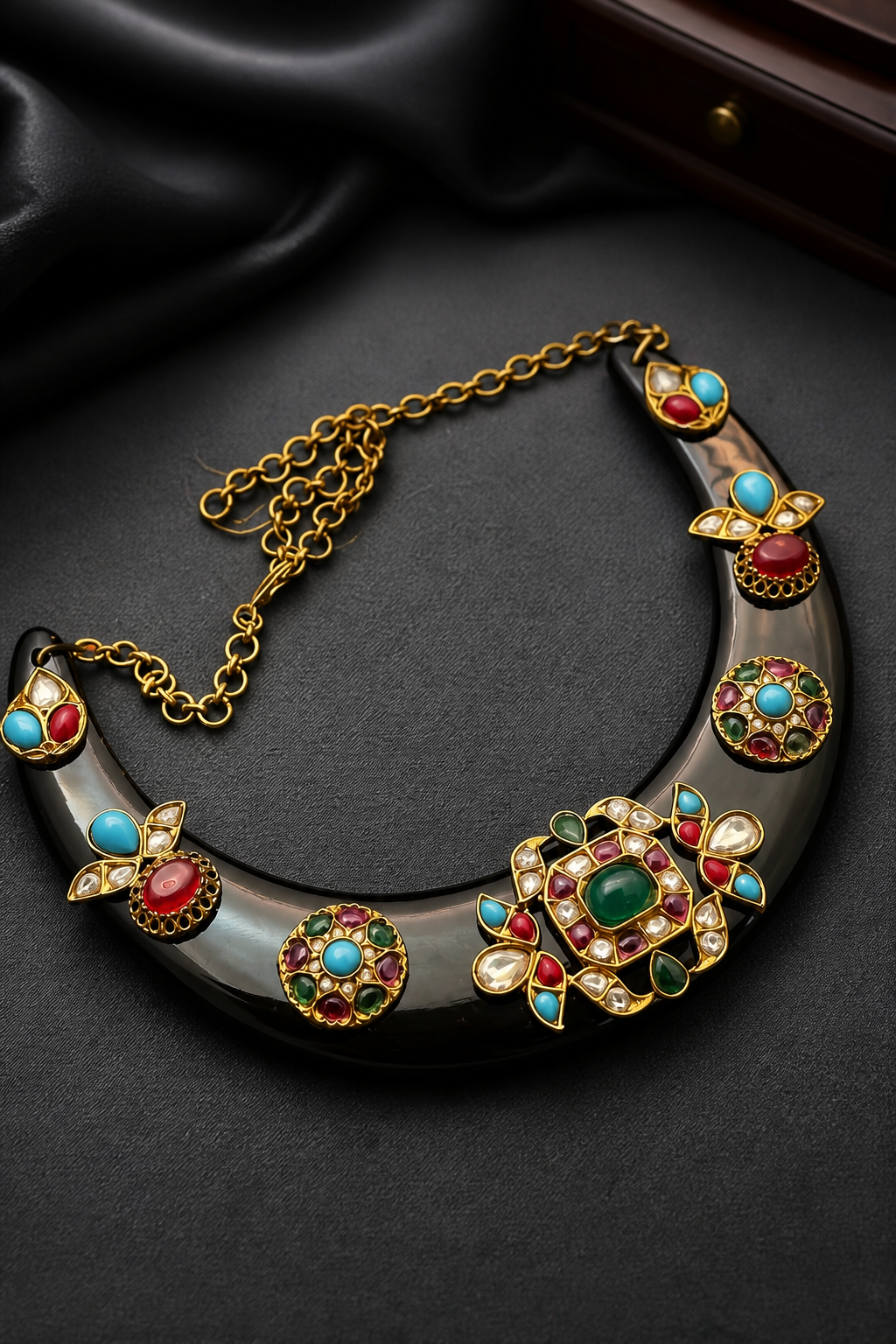 Designer acrylic necklace with colourful jadau pieces and traditional ethnic detailing in statement jewellery style