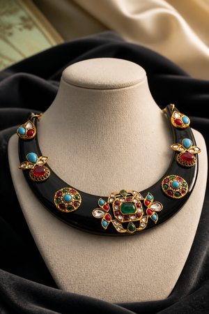Designer acrylic necklace with colourful jadau pieces and traditional ethnic detailing in statement jewellery style
