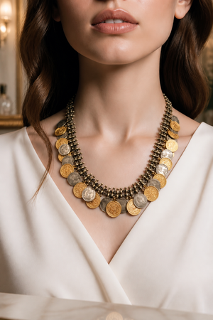 Vintage two tone layered coin necklace with antique metallic detailing and statement ethnic design