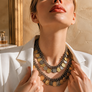 Vintage two tone layered coin necklace with antique metallic detailing and statement ethnic design