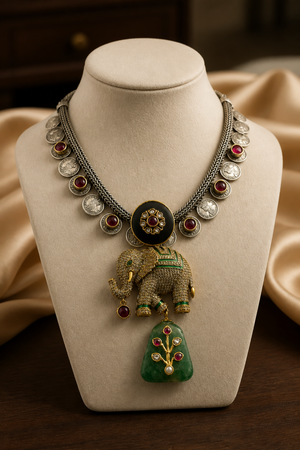 Luxury elephant motif necklace with coin detailing and green jadau stone hanging in traditional ethnic statement design
