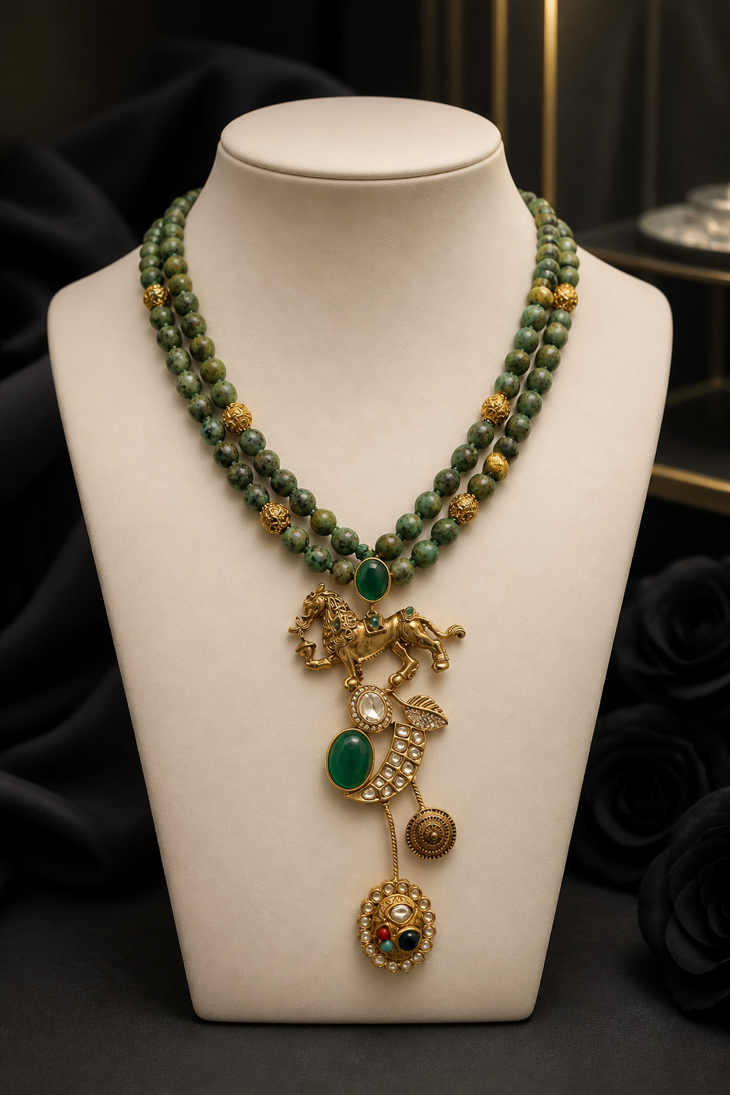 Designer lion motif necklace with kundan crystal detailing and greenish turquoise bead strands in traditional ethnic jewellery style