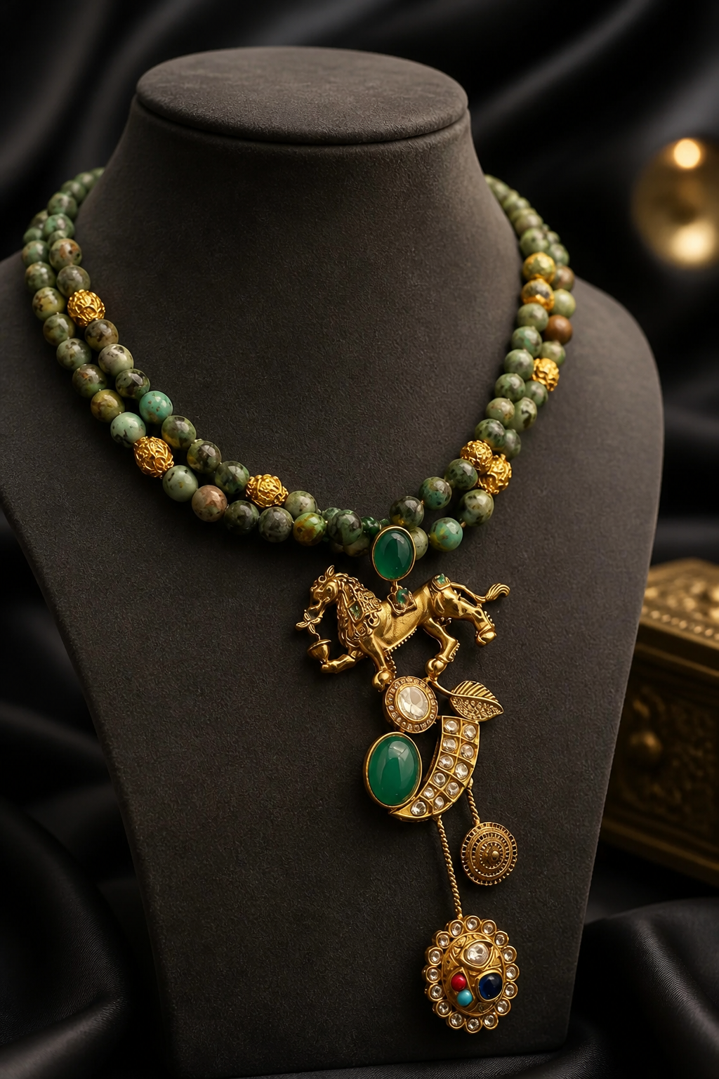 Designer lion motif necklace with kundan crystal detailing and greenish turquoise bead strands in traditional ethnic jewellery style