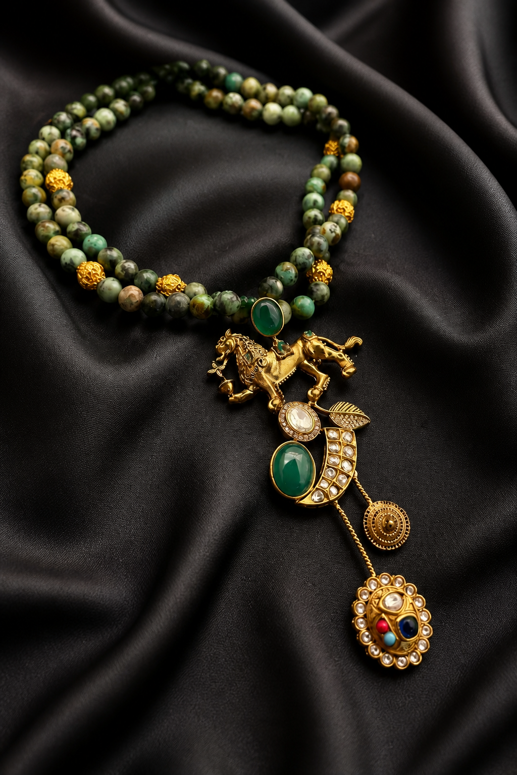 Designer lion motif necklace with kundan crystal detailing and greenish turquoise bead strands in traditional ethnic jewellery style