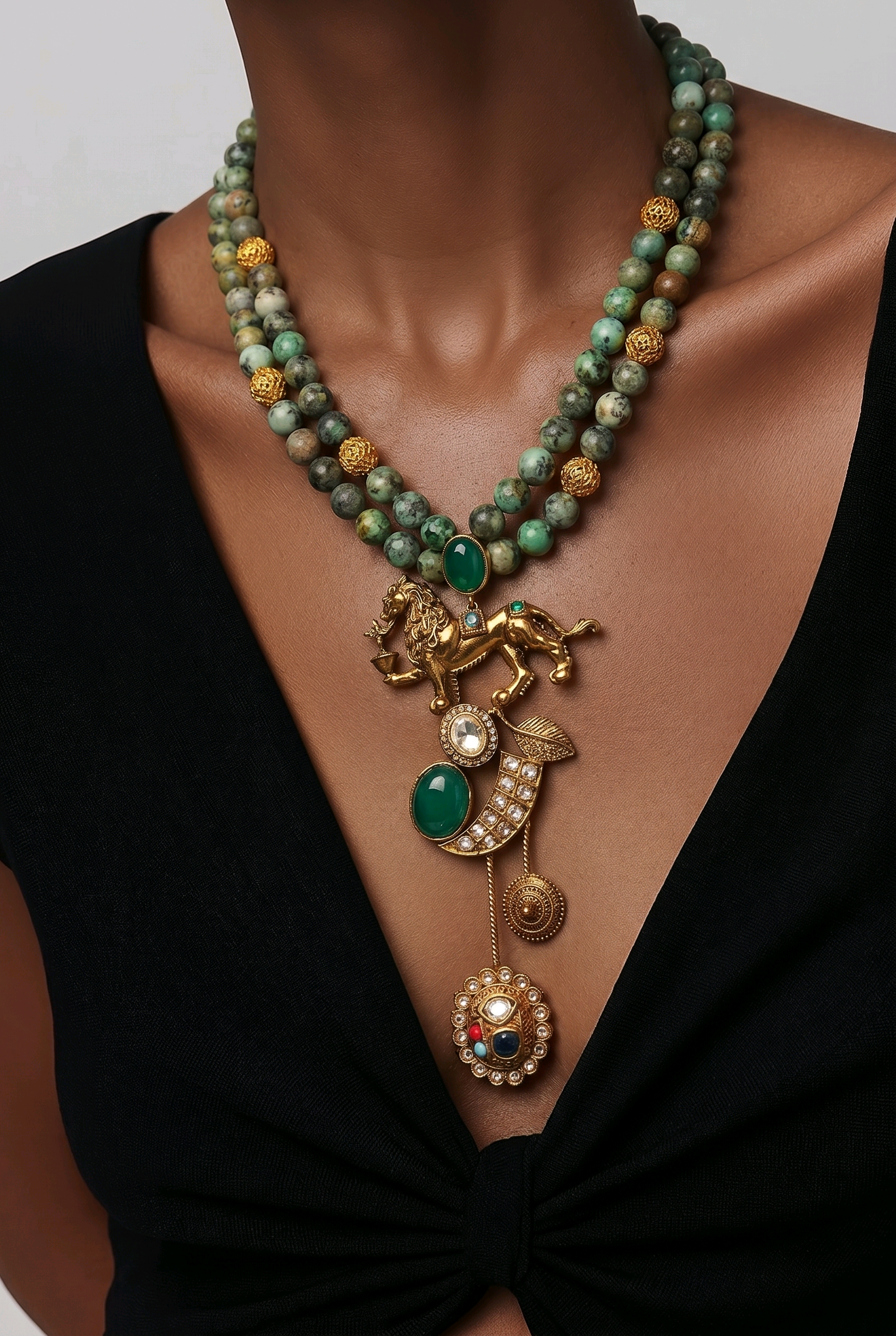 Designer lion motif necklace with kundan crystal detailing and greenish turquoise bead strands in traditional ethnic jewellery style