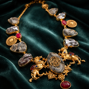Luxury lion motif necklace with natural agate stones, ruby accents, and intricate handcrafted ethnic detailing