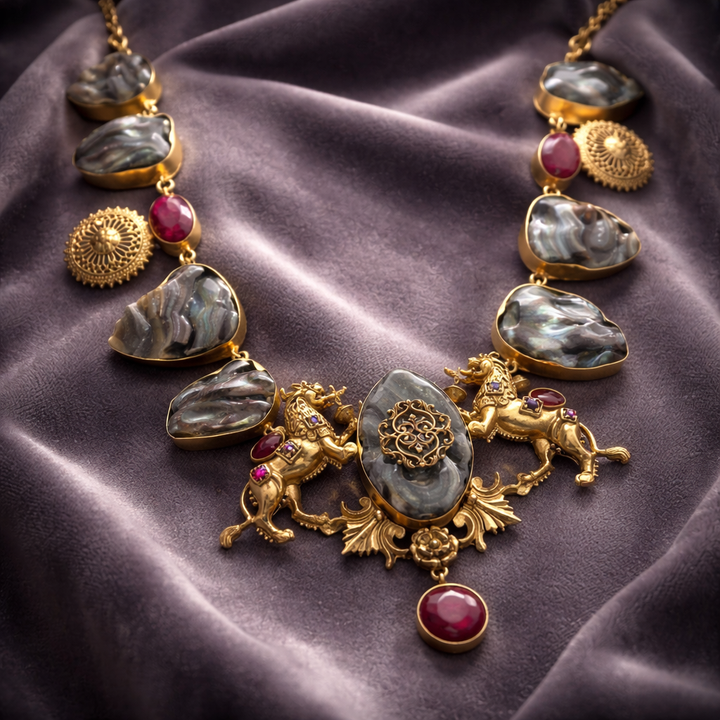 Luxury lion motif necklace with natural agate stones, ruby accents, and intricate handcrafted ethnic detailing