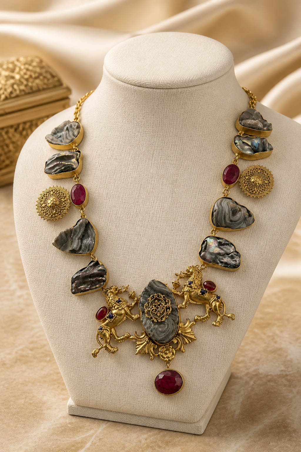 Luxury lion motif necklace with natural agate stones, ruby accents, and intricate handcrafted ethnic detailing