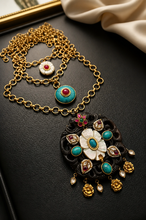 Handcrafted wooden base necklace with mother of pearl floral detailing, turquoise accents, and artistic ethnic statement design