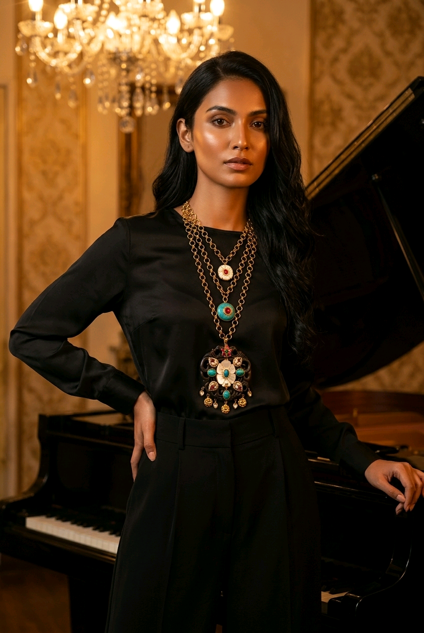 Handcrafted wooden base necklace with mother of pearl floral detailing, turquoise accents, and artistic ethnic statement design