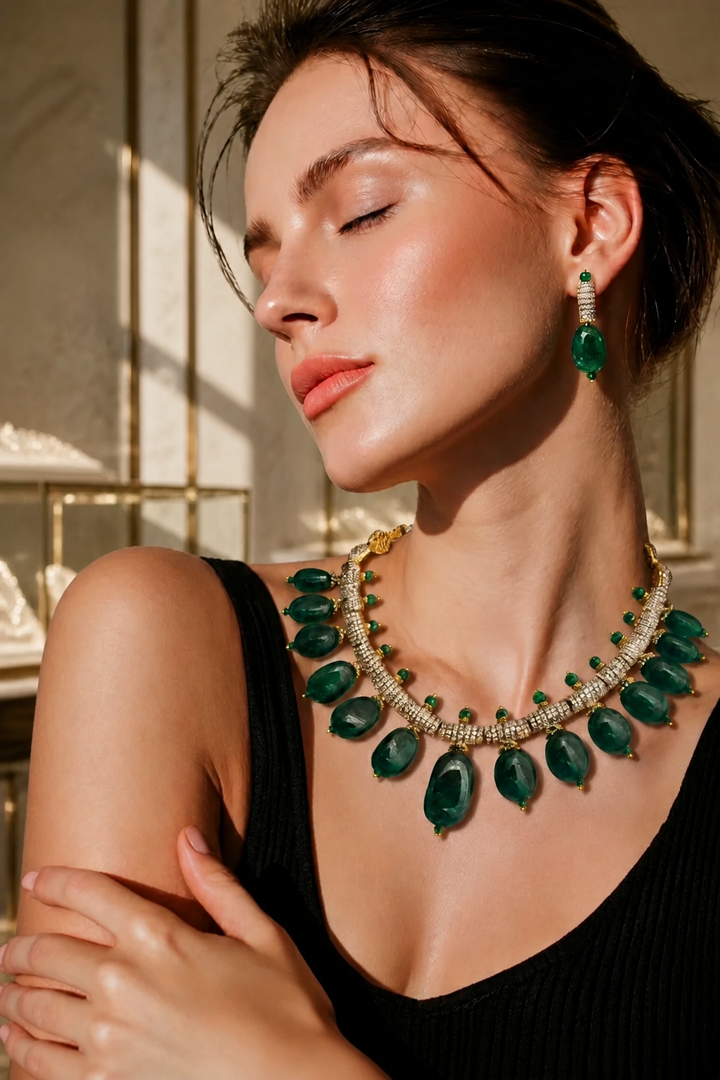 Luxury green tumble stone necklace with sparkling AD detailing and matching earrings in statement ethnic jewellery style