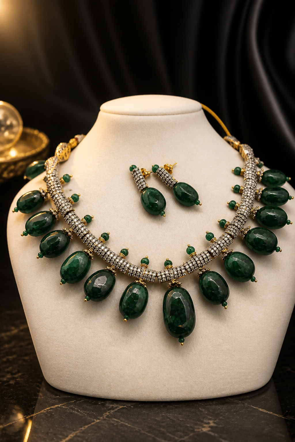 Luxury green tumble stone necklace with sparkling AD detailing and matching earrings in statement ethnic jewellery style