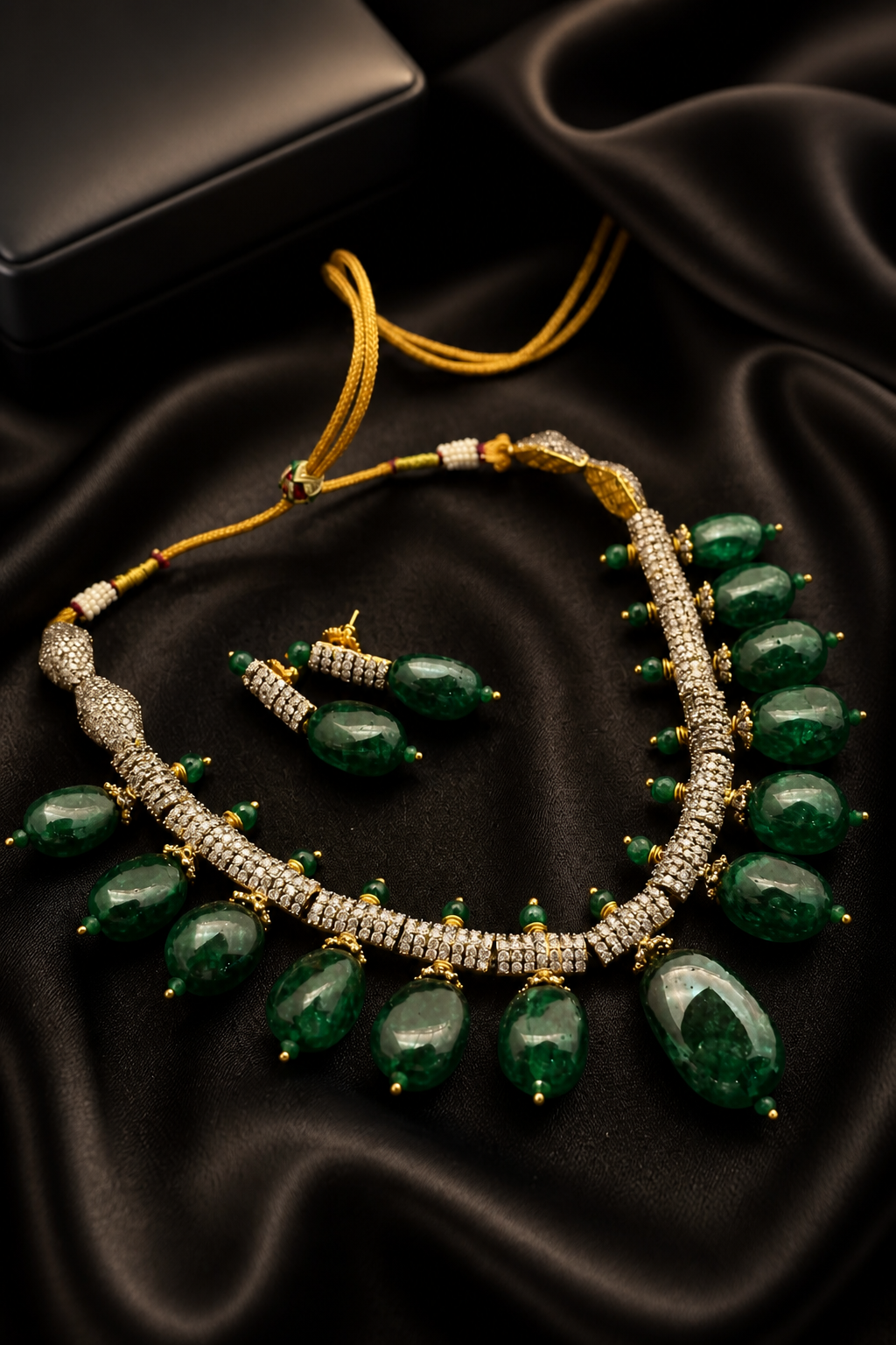 Luxury green tumble stone necklace with sparkling AD detailing and matching earrings in statement ethnic jewellery style