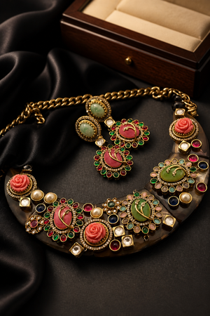 Handcrafted resin necklace with coloured stones, kundan detailing, floral accents, and matching earrings in ethnic statement jewellery style