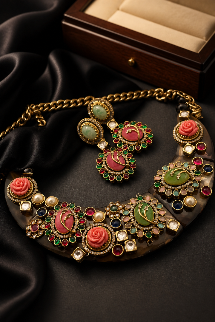 Handcrafted resin necklace with coloured stones, kundan detailing, floral accents, and matching earrings in ethnic statement jewellery style