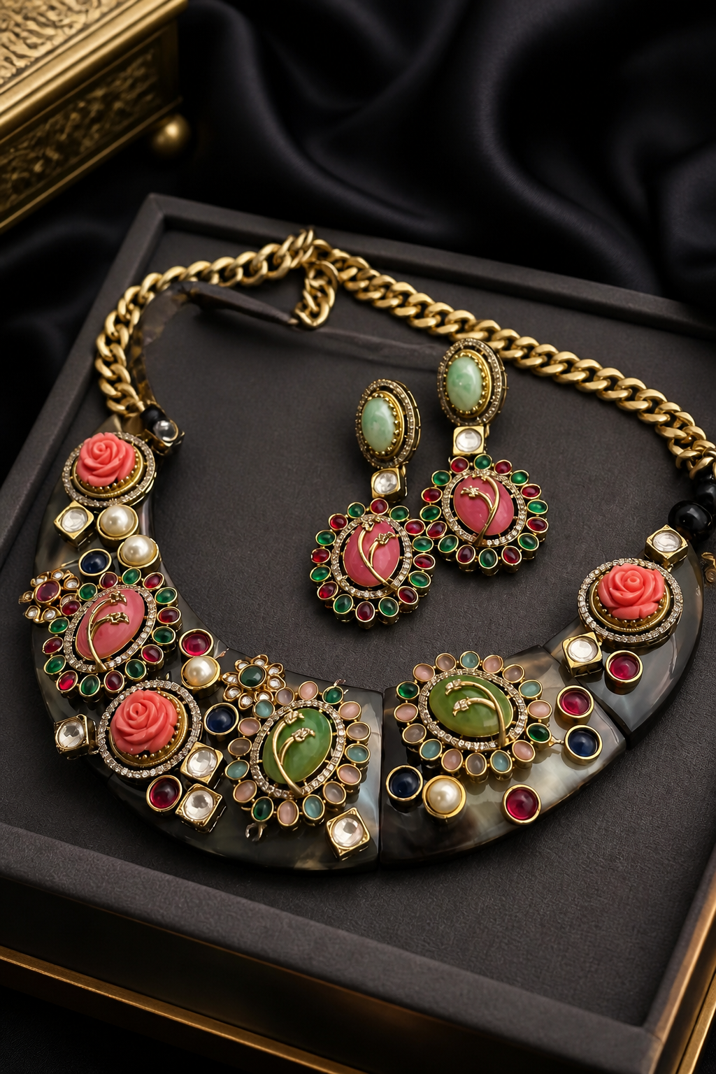 Handcrafted resin necklace with coloured stones, kundan detailing, floral accents, and matching earrings in ethnic statement jewellery style