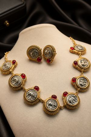 Vintage coin necklace with red stone accents and two tone polish detailing with matching earrings in ethnic statement style