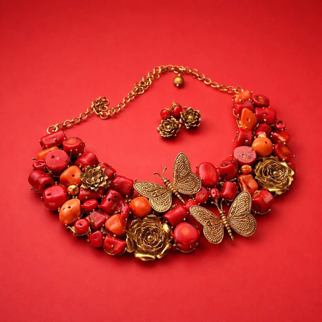Statement coral tumble necklace with butterfly charms, floral motifs, and antique gold detailing with matching earrings