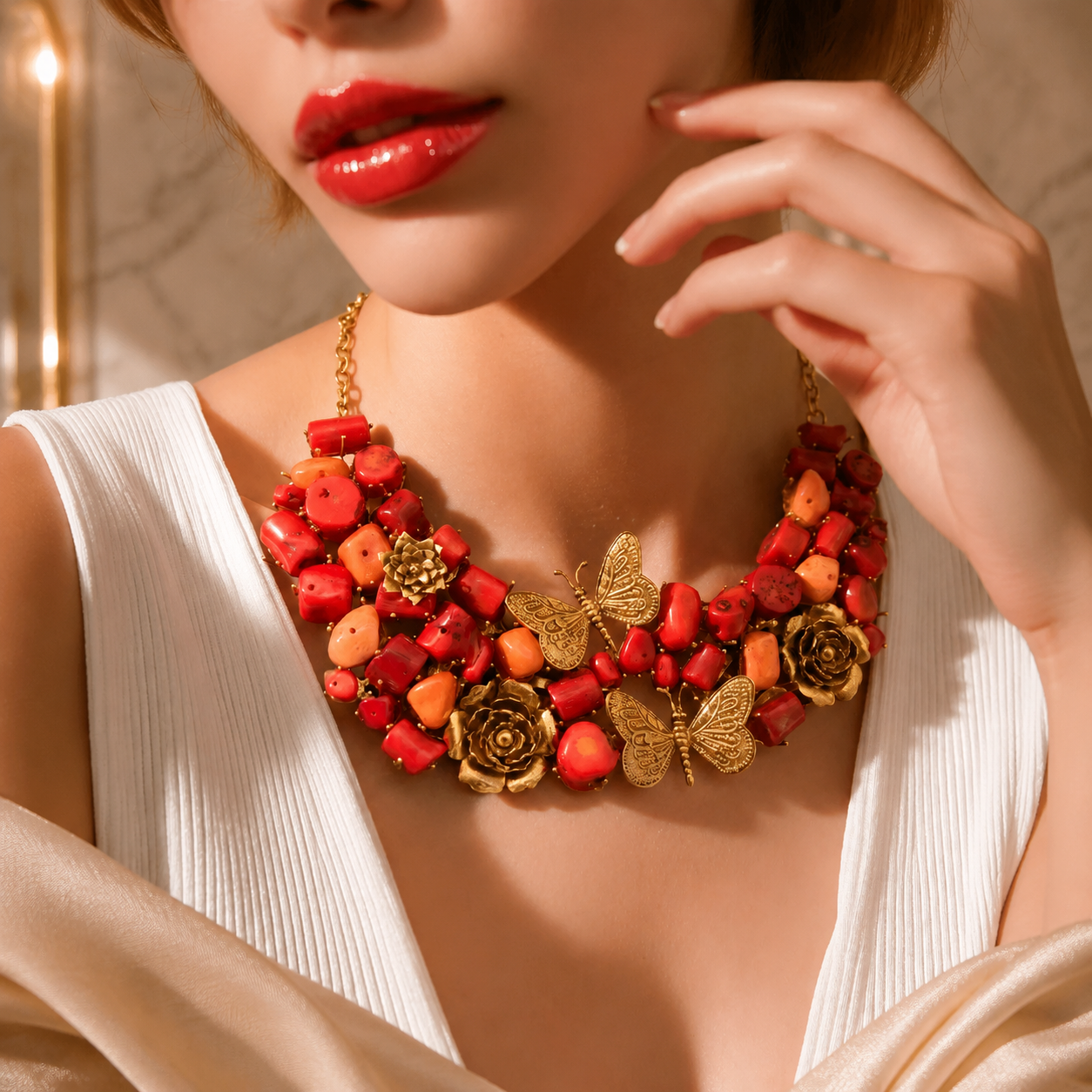 Statement coral tumble necklace with butterfly charms, floral motifs, and antique gold detailing with matching earrings