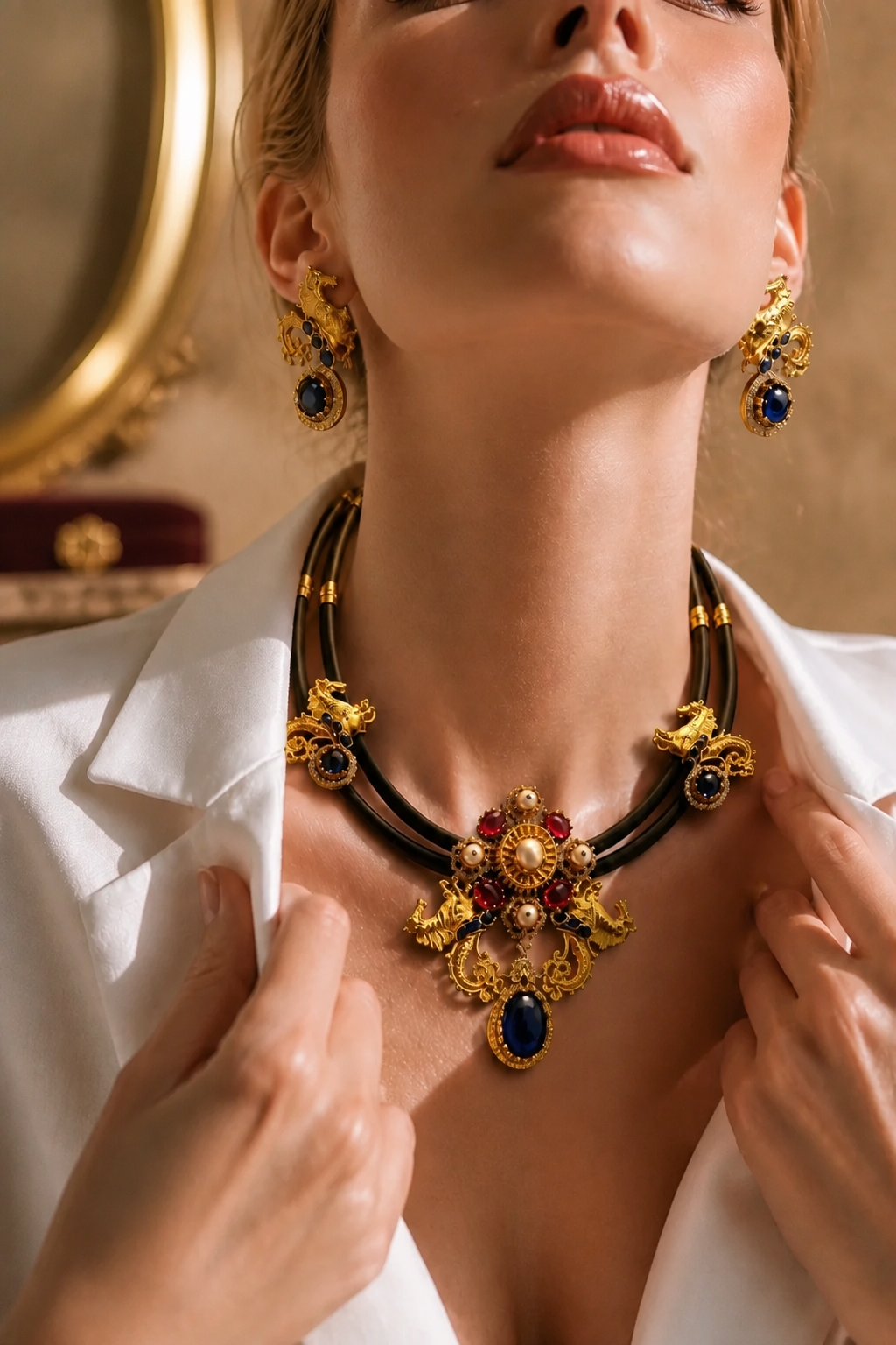 Antique gold horse motif necklace on black cord with blue and pink stones, pearl detailing, and matching designer earrings displayed on a jewellery bust