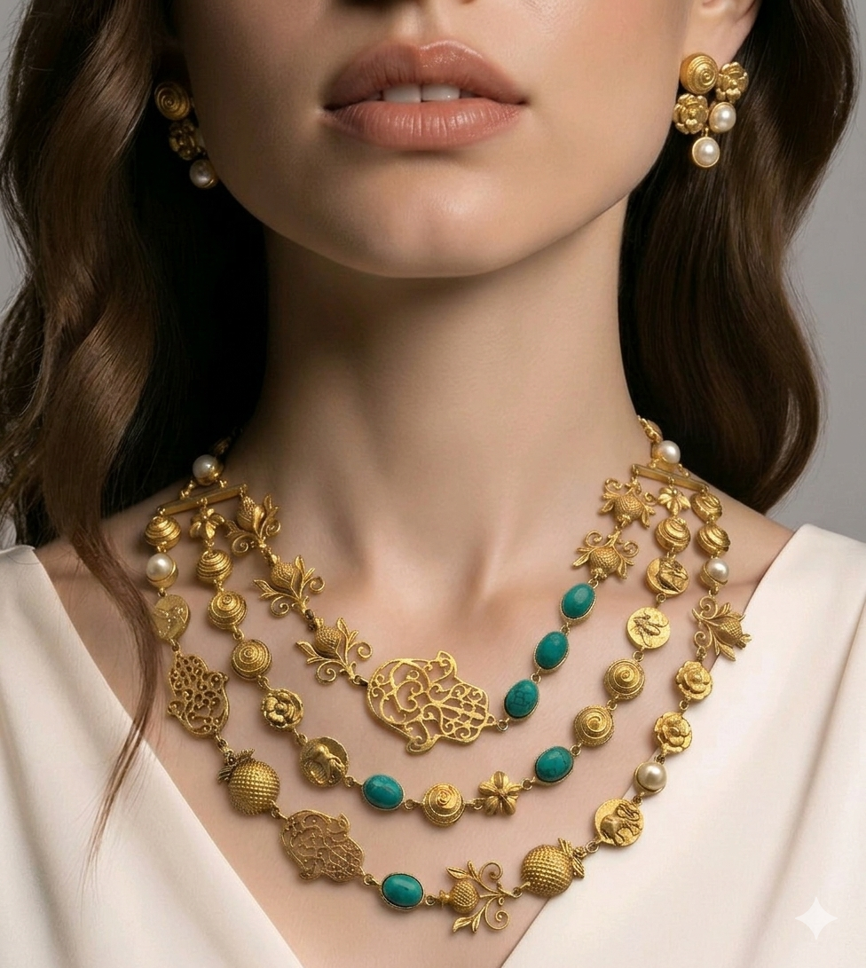 Antique gold layered necklace set with turquoise stones, floral motifs, heritage charms, and matching stud earrings displayed on a jewellery bust