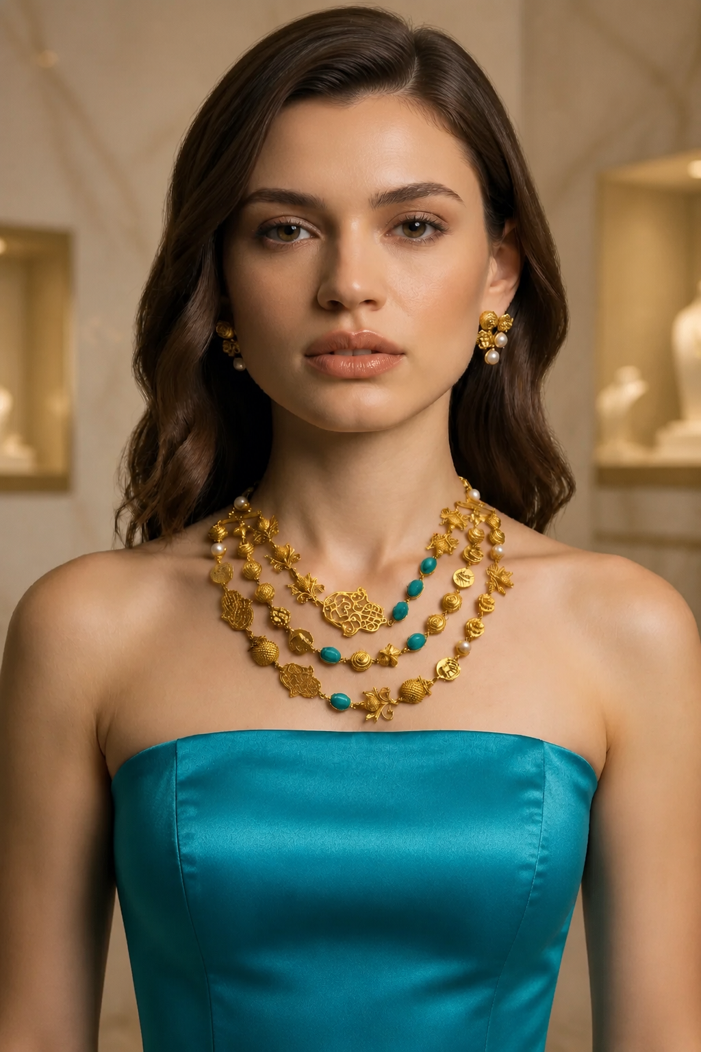 Antique gold layered necklace set with turquoise stones, floral motifs, heritage charms, and matching stud earrings displayed on a jewellery bust