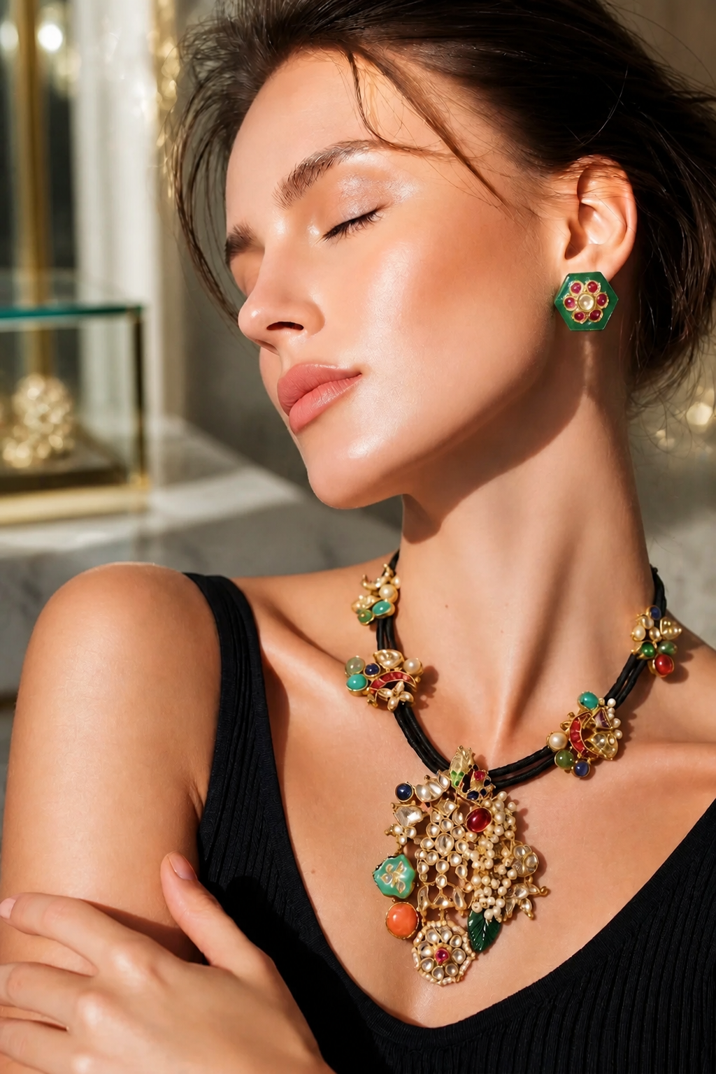 Black cord statement necklace with multicolor stones, jadau motifs, pearl detailing, and matching stud earrings in antique gold finish