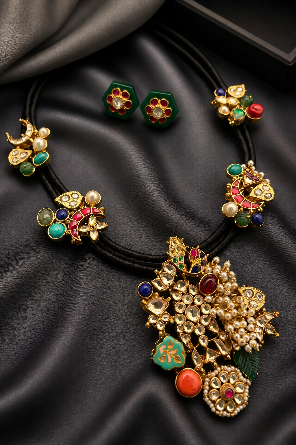 Black cord statement necklace with multicolor stones, jadau motifs, pearl detailing, and matching stud earrings in antique gold finish