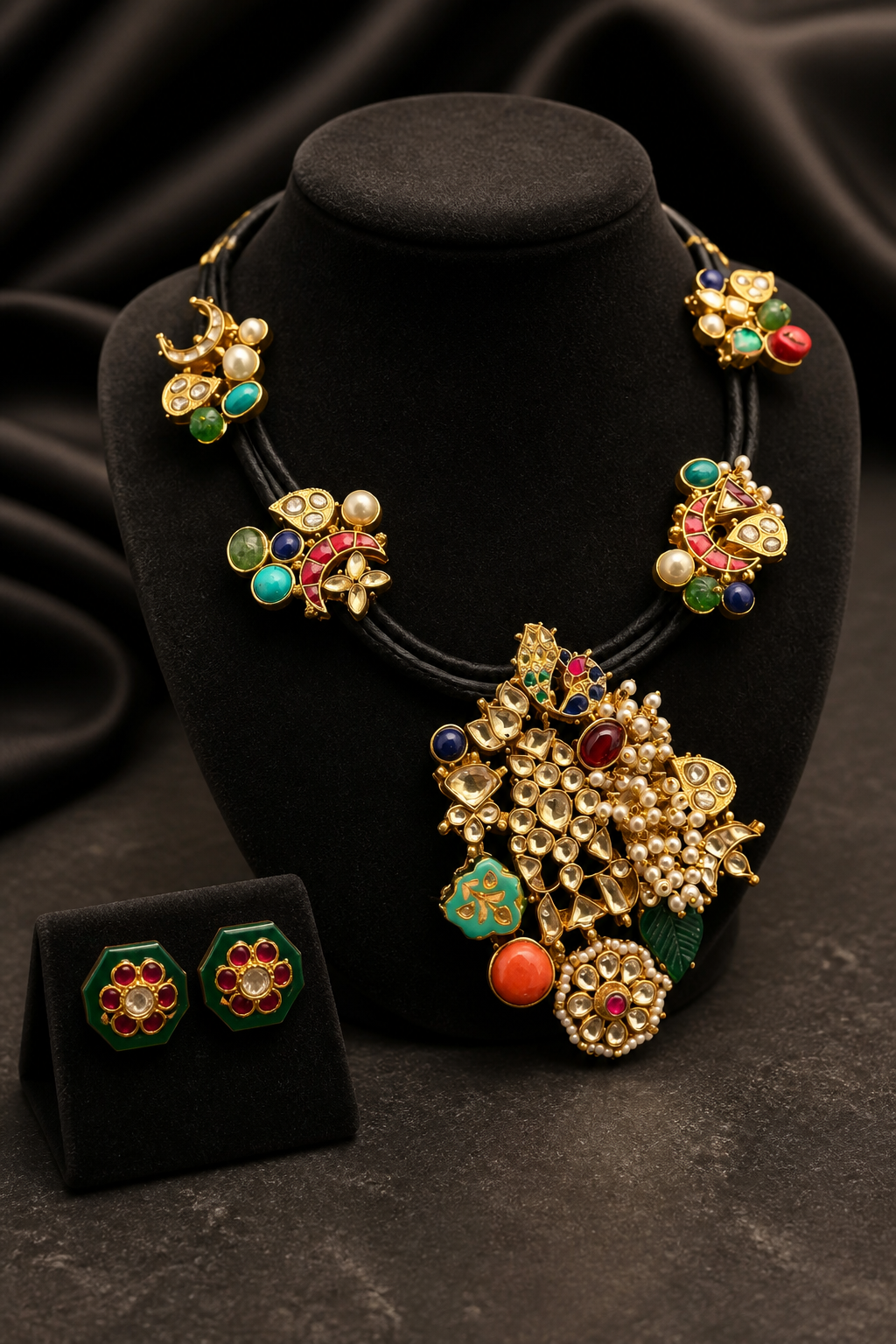 Black cord statement necklace with multicolor stones, jadau motifs, pearl detailing, and matching stud earrings in antique gold finish
