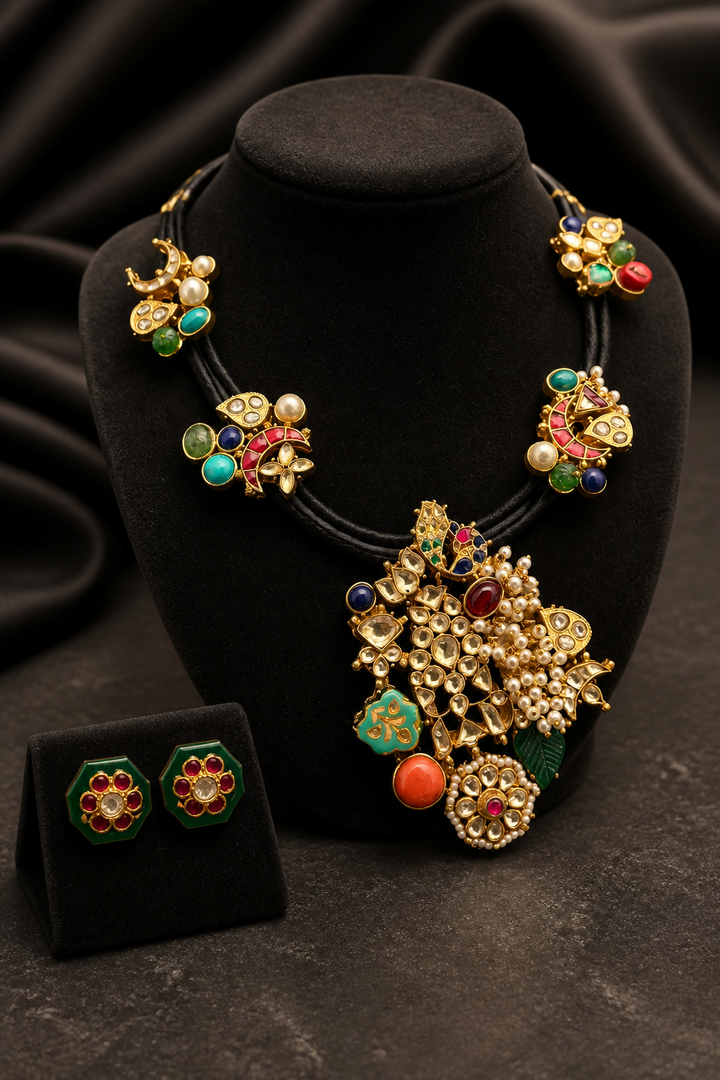 Black cord statement necklace with multicolor stones, jadau motifs, pearl detailing, and matching stud earrings in antique gold finish
