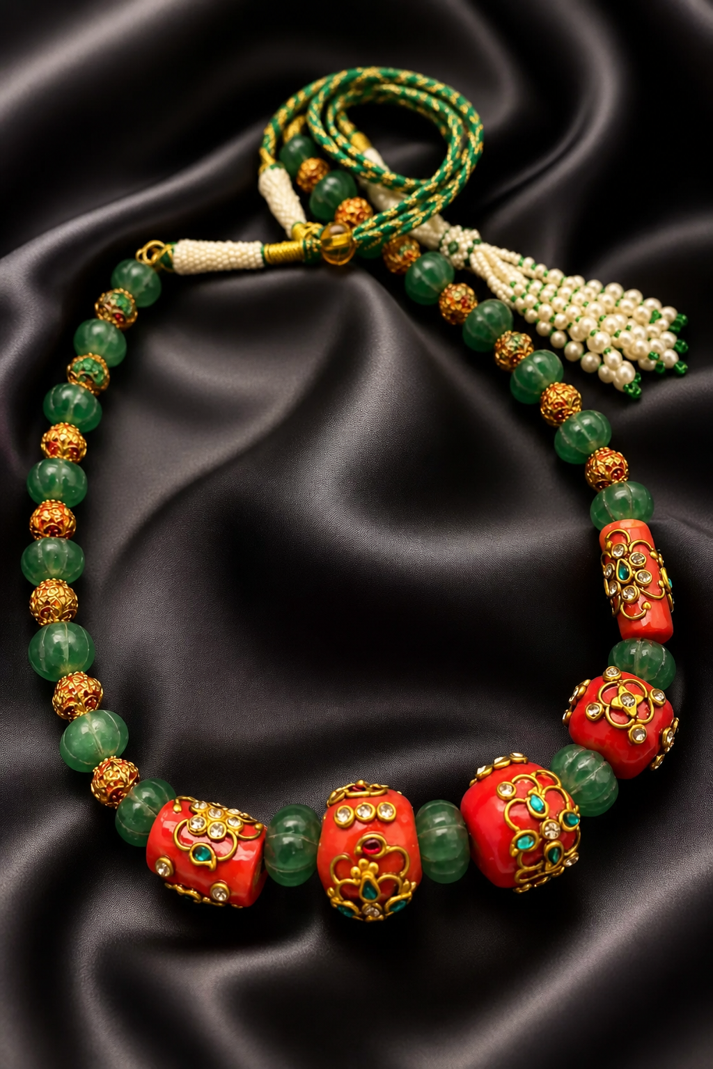 Handcrafted green carved beads and coral necklace with intricate jadau work and traditional ethnic detailing