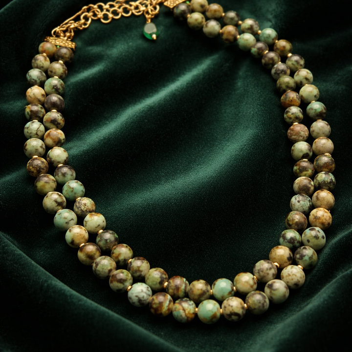 Natural turquoise green beads two line necklace with handcrafted double strand statement jewellery design