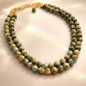 Natural turquoise green beads two line necklace with handcrafted double strand statement jewellery design