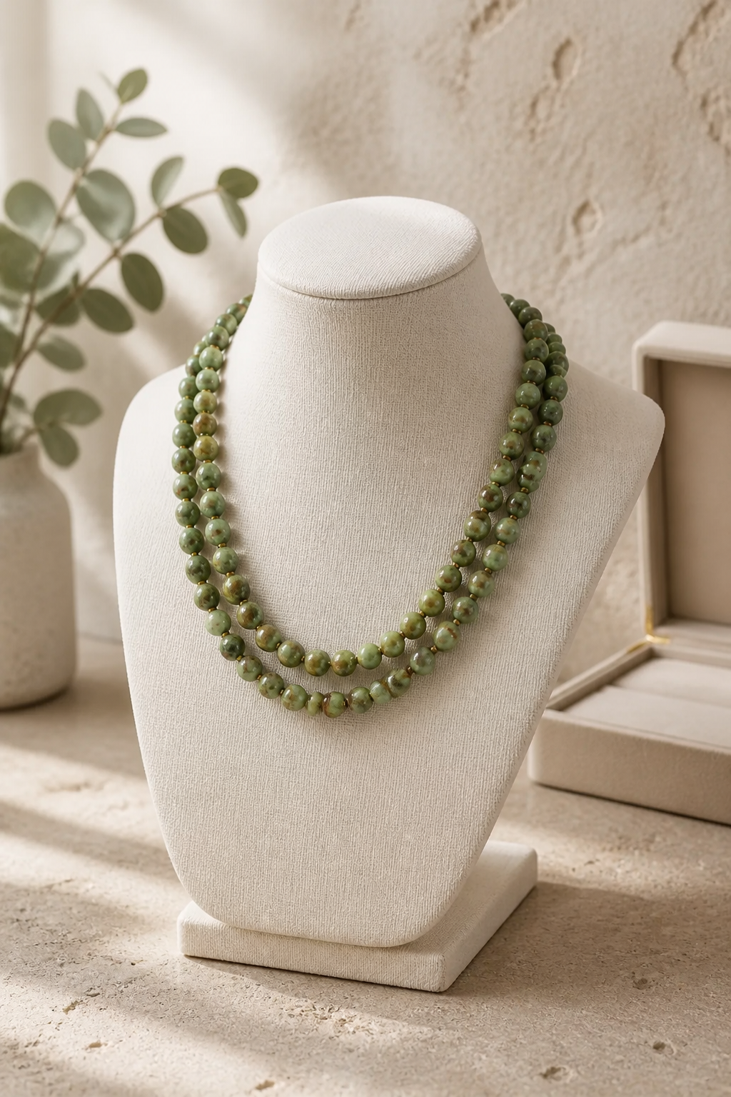 Natural turquoise green beads two line necklace with handcrafted double strand statement jewellery design