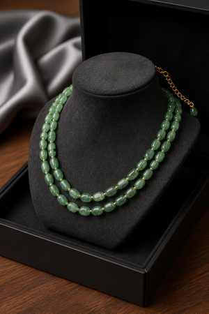 Elegant green beads two-line necklace with handcrafted double strand ethnic statement design