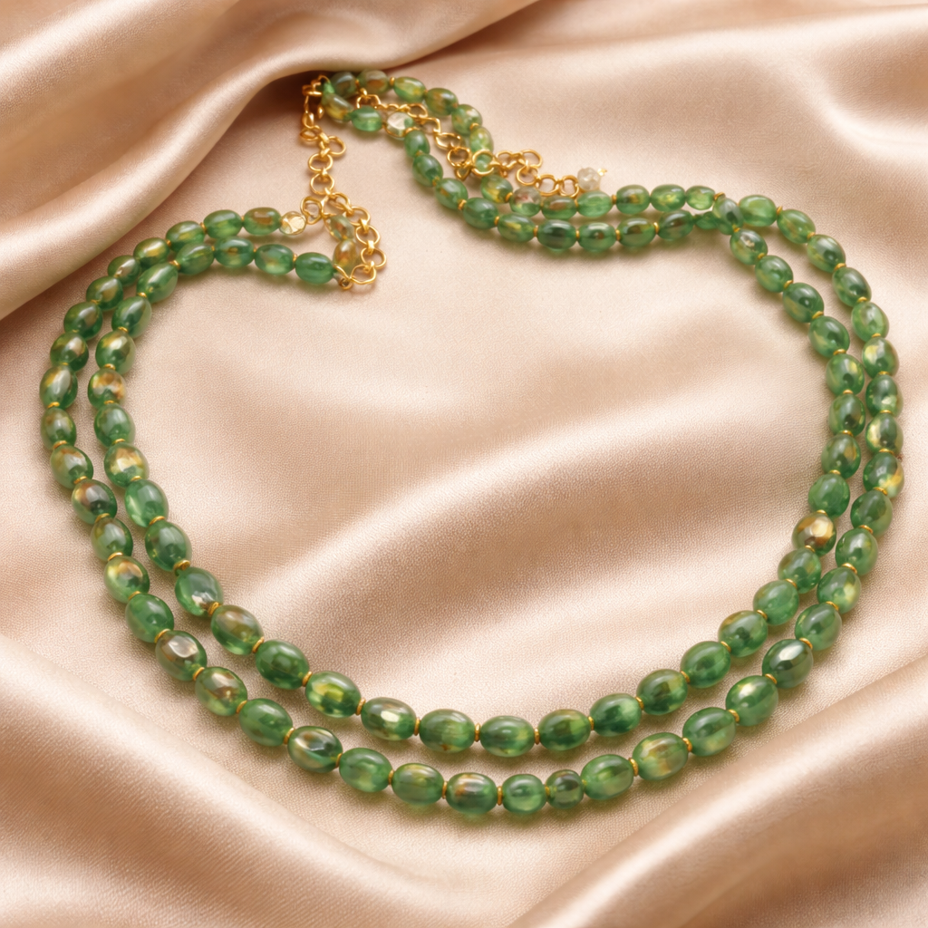 Elegant green beads two-line necklace with handcrafted double strand ethnic statement design