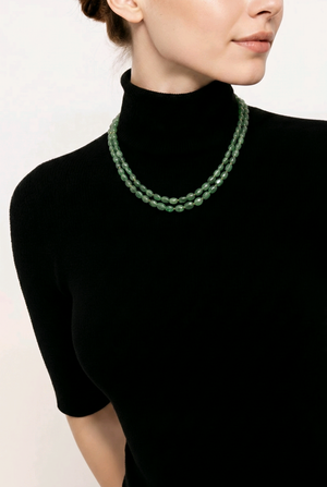 Elegant green beads two-line necklace with handcrafted double strand ethnic statement design