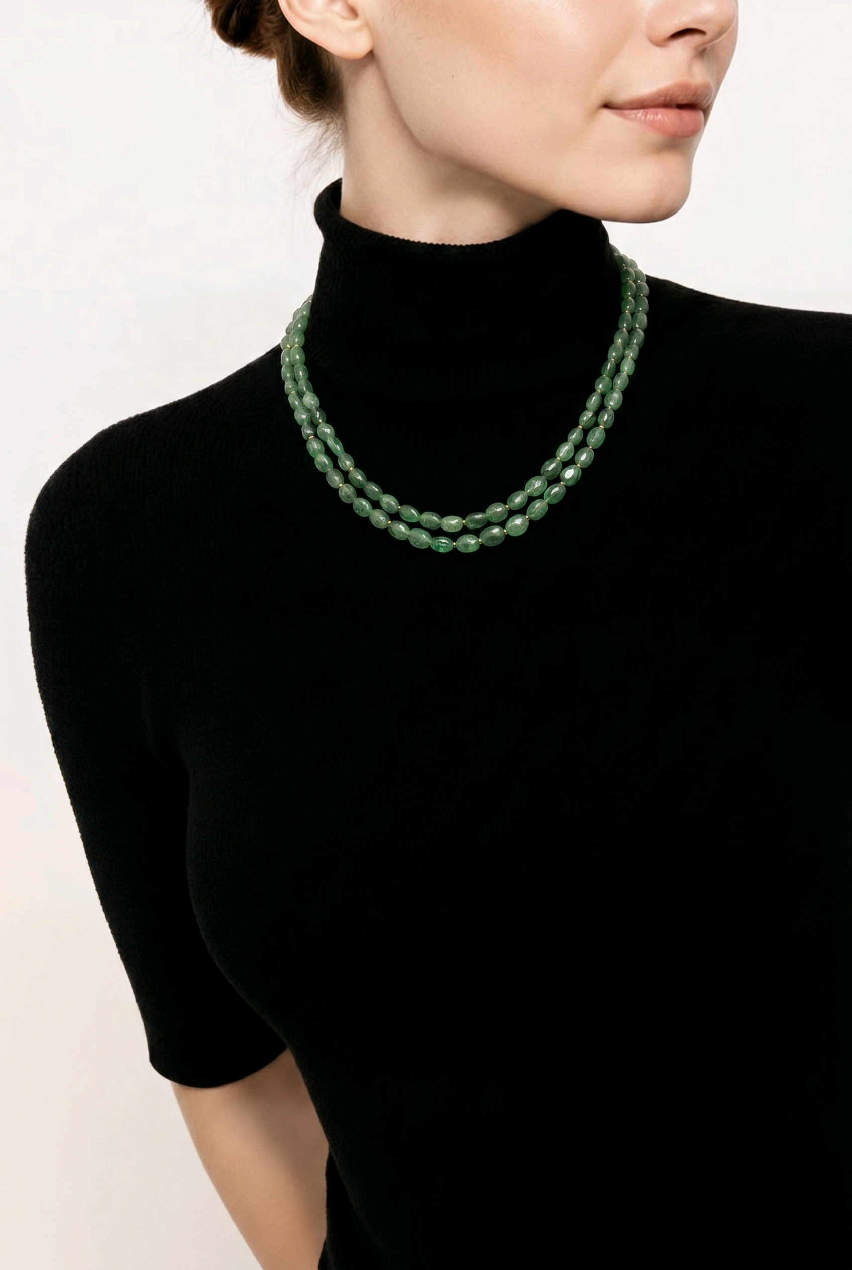 Elegant green beads two-line necklace with handcrafted double strand ethnic statement design