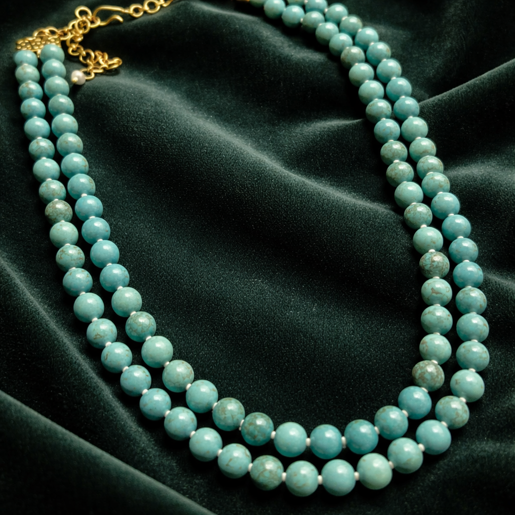 Elegant two line necklace with natural turquoise beads and handcrafted statement jewellery design