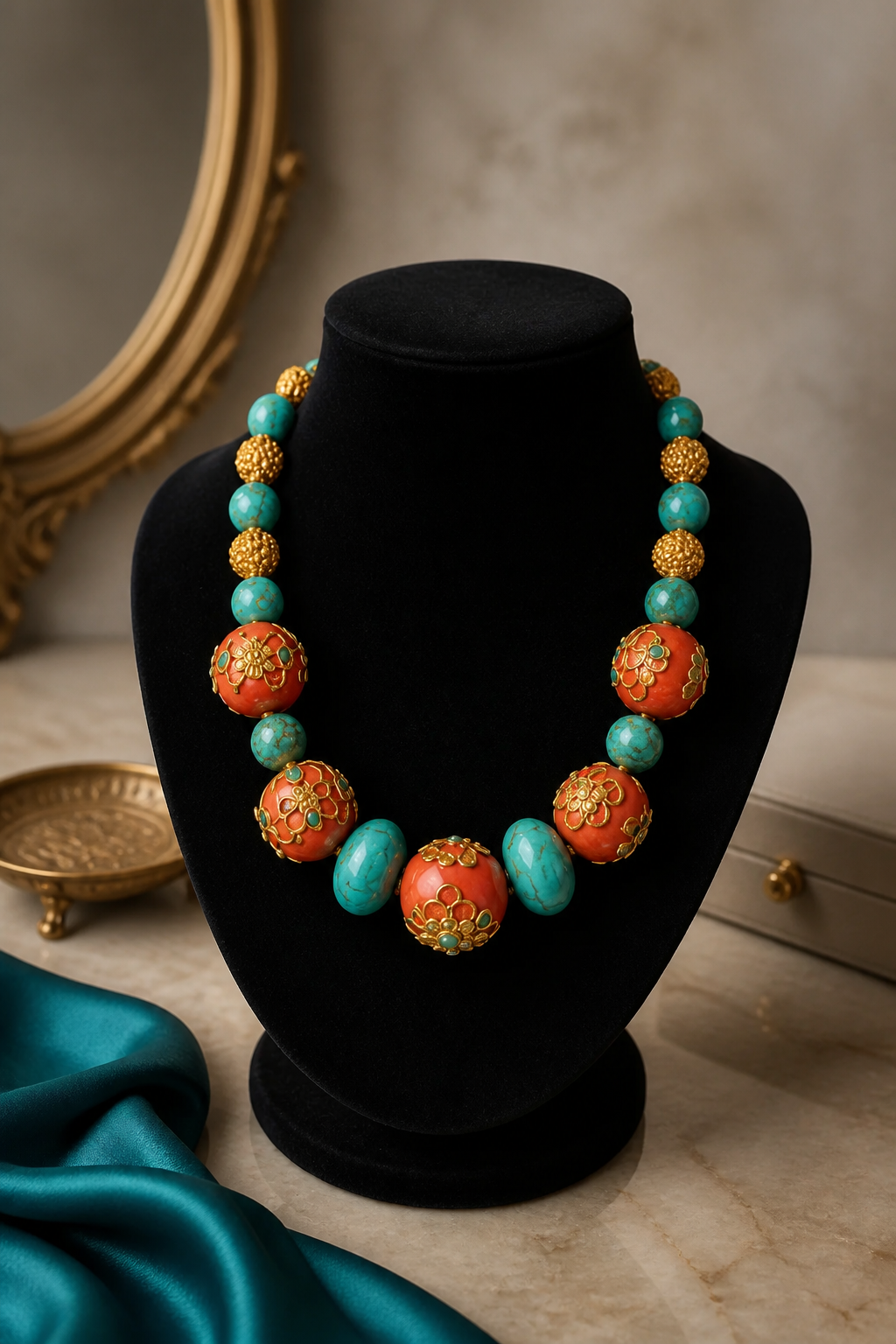 Handcrafted turquoise and coral necklace with intricate jadau work and traditional ethnic designer detailing