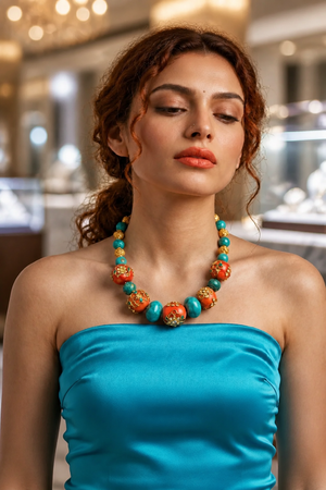 Handcrafted turquoise and coral necklace with intricate jadau work and traditional ethnic designer detailing