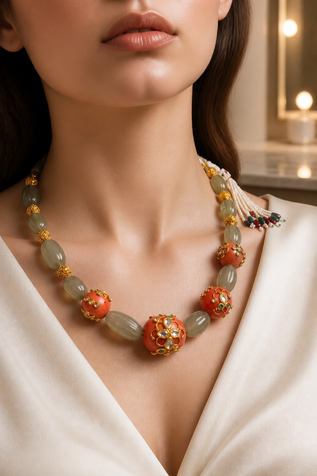 Luxury carved jade stone and coral necklace with intricate jadau work and handcrafted ethnic detailing